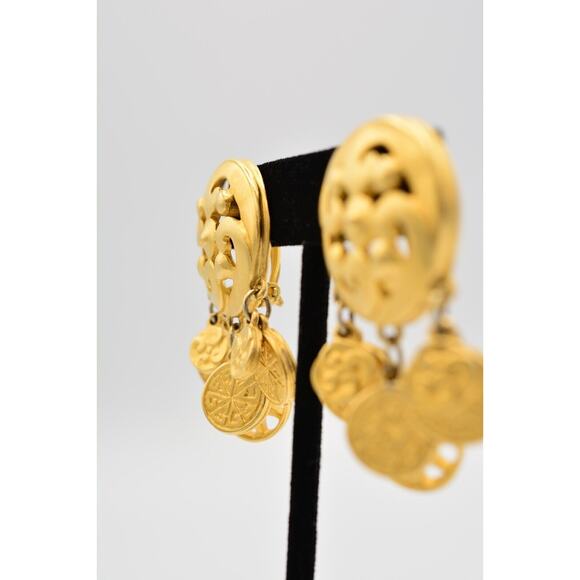 Givenchy Vintage Coin Clip On Earrings Brushed Gold Logo Etruscan Signed BinQ - Picture 3 of 12